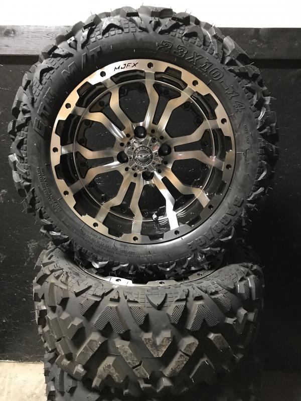 AVAILABLE TO ORDER Brand New Set of 4 GTW Barrage Tire on MJFX 14x7 Machined Black Omega Wheel (0017) $729