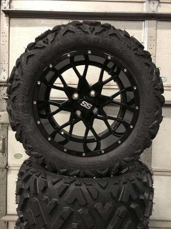 Set of 4 Golf Cart Tires on 14x7 Vortex Gloss Black Wheels $729 (0018)