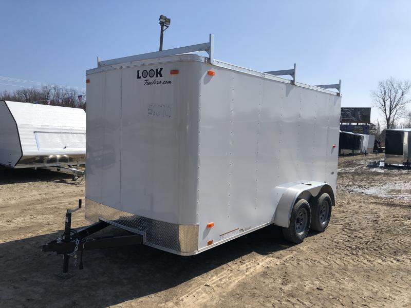 Look Trailers 7x14Flat Front Barn Door Enclosed Trailer Wht w/ Ladder Racks Look Trailers 7x14Flat Front Barn Door Enclosed Trailer Wht w/ Ladder Racks