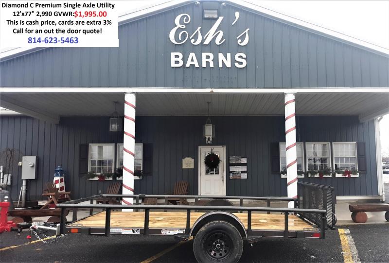 Diamond C Premium Single Axle Utility Trailer 12'x77" 2990 GVWR -Black Color -4" Channel Frame -3" Channel Tongue -1-3500 lb. Idler Axle -48" Bi-Fold Gate -2-3/8" Pipe Top -15" Radial Tires Diamond C Premium Single Axle Utility Trailer 12'x77" 2990 GVWR -Black Color -4" Channel Frame -3" Channel Tongue -1-3500 lb. Idler Axle -48" Bi-Fold Gate -2-3/8" Pipe Top -15" Radial Tires