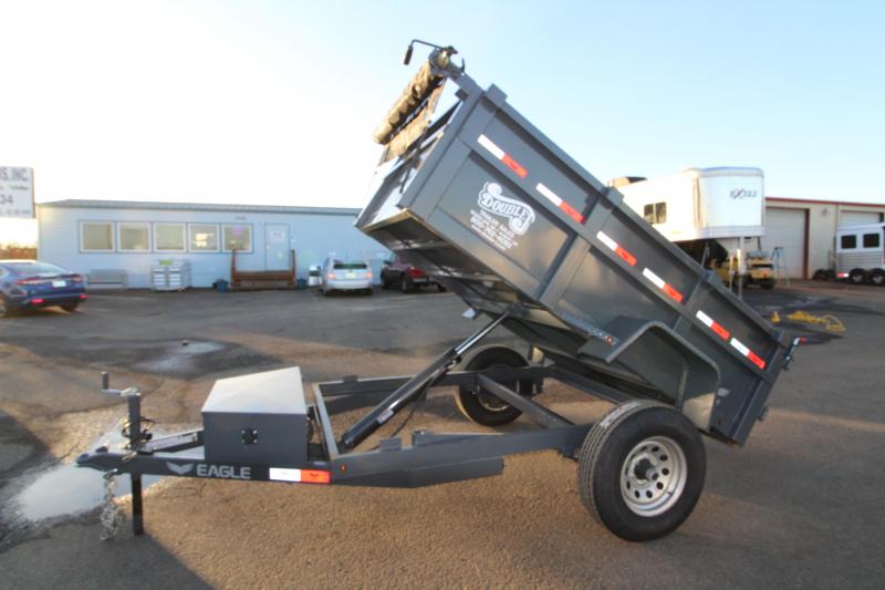 2019 Eagle 5x8 Single Axle Eagle 5.2K Dump with Mesh Roll Tarp and 110 Plug Battery Charger - Brakes on both axles - 1/8" Floor and sidewalls - Stake pockets - 2" Flat bar heavy duty tie rail - Trickle charge line from tow vehicle - Barn door rear gates 2019 Eagle 5x8 Single Axle Eagle 5.2K Dump with Mesh Roll Tarp and 110 Plug Battery Charger - Brakes on both axles - 1/8" Floor and sidewalls - Stake pockets - 2" Flat bar heavy duty tie rail - Trickle charge line from tow vehicle - Barn door rear gates