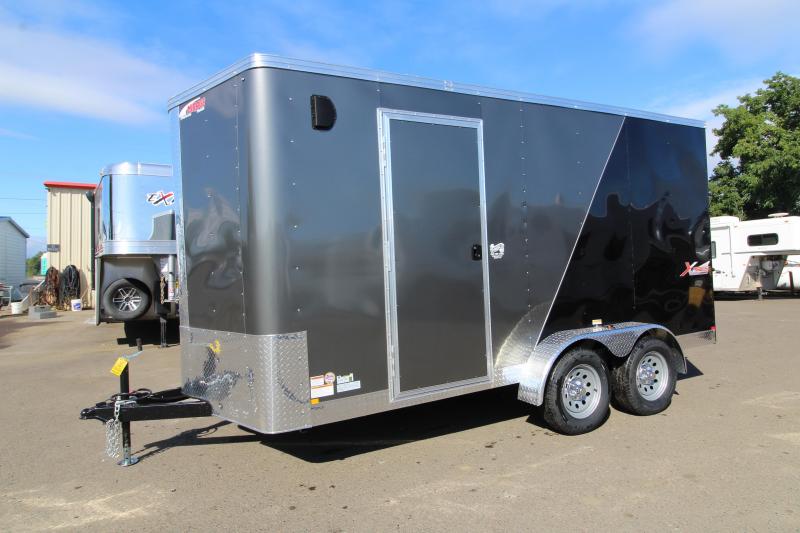 2020 Mirage Xpres 7' x 14' Side by Side Trailer - Rear Ramp Door - V Nose - Flat Roof - Spare Tire Mount and Tire - Driver Side RV Man Door 2020 Mirage Xpres 7' x 14' Side by Side Trailer - Rear Ramp Door - V Nose - Flat Roof - Spare Tire Mount and Tire - Driver Side RV Man Door