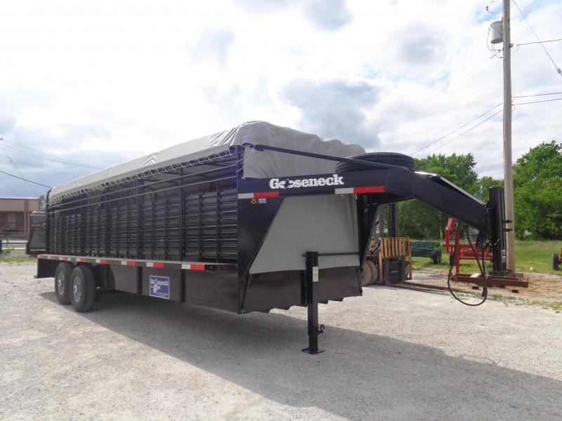 Gooseneck Brand 24' x 6'8 Gooseneck Black with Light Gray Tarp Livestock Trailer Gooseneck Brand 24' x 6'8 Gooseneck Black with Light Gray Tarp Livestock Trailer