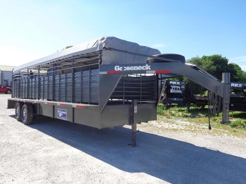 Gooseneck Brand 24' x 6'8 Gooseneck Gray Metallic with Light Gray Tarp Livestock Trailer Gooseneck Brand 24' x 6'8 Gooseneck Gray Metallic with Light Gray Tarp Livestock Trailer