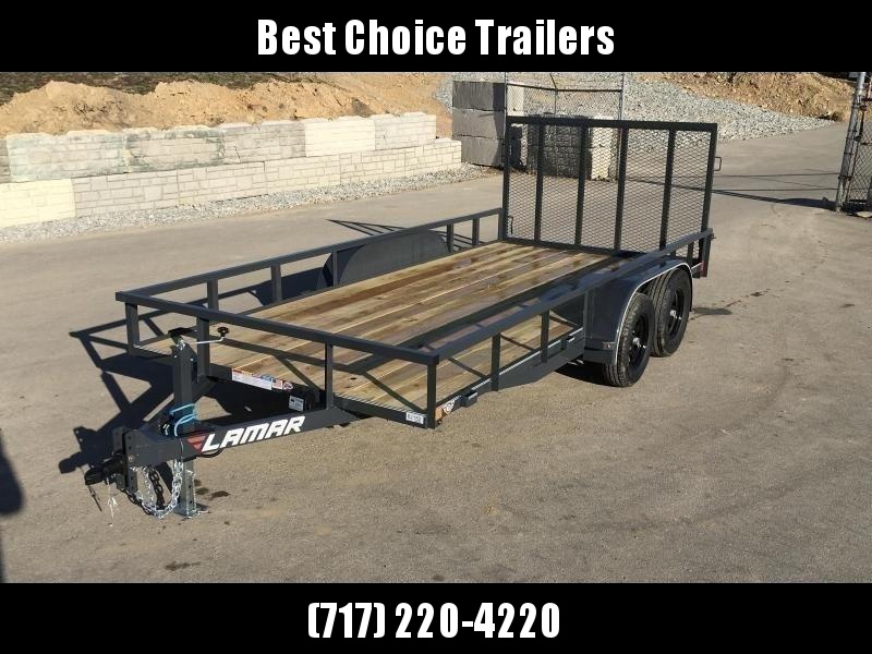 2020 Lamar 7x16' Deluxe Utility Landscape Trailer 7000# GVW * ADJUSTABLE COUPLER * PIPE TOP RAIL * 7K DROP LEG JACK * CHARCOAL * HD GATE/2X2" TUBE C/M + SPRING ASSIST * COLD WEATHER HARNESS * 4" CHANNEL TONGUE * STAKE POCKETS * TEARDROP FENDERS * BULLET L 2020 Lamar 7x16' Deluxe Utility Landscape Trailer 7000# GVW * ADJUSTABLE COUPLER * PIPE TOP RAIL * 7K DROP LEG JACK * CHARCOAL * HD GATE/2X2" TUBE C/M + SPRING ASSIST * COLD WEATHER HARNESS * 4" CHANNEL TONGUE * STAKE POCKETS * TEARDROP FENDERS * BULLET L