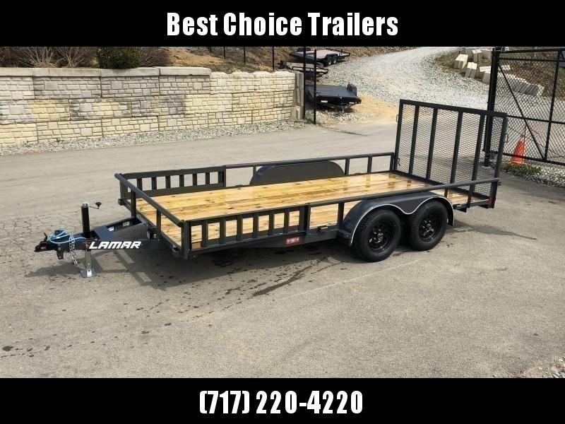 2020 Lamar 7x18' ATV Utility Trailer 7000# GVW * ATV SIDE RAMPS * CHARCOAL * PIPE TOP RAIL * ADJUSTABLE COUPLER * DROP LEG JACK * 2x2" TUBE GATE W/ SPRING ASSIST * COLD WEATHER HARNESS * 4" CHANNEL TONGUE * STAKE POCKETS * TEARDROP FENDERS * BULLET LED'S 2020 Lamar 7x18' ATV Utility Trailer 7000# GVW * ATV SIDE RAMPS * CHARCOAL * PIPE TOP RAIL * ADJUSTABLE COUPLER * DROP LEG JACK * 2x2" TUBE GATE W/ SPRING ASSIST * COLD WEATHER HARNESS * 4" CHANNEL TONGUE * STAKE POCKETS * TEARDROP FENDERS * BULLET LED'S