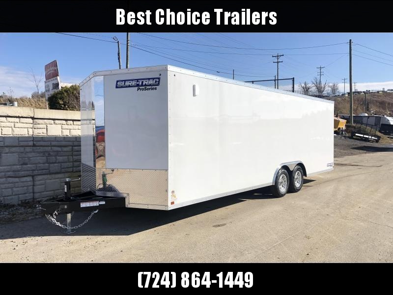 2020 Sure-Trac 8.5x20' Pro Series Enclosed Car Hauler Trailer 9900# GVW * WHITE EXTERIOR * V-NOSE * RAMP * 5200# AXLES * .030 SCREWLESS EXTERIOR * ALUMINUM WHEELS * 1 PC ROOF * 6" FRAME * 16" O.C. C/M * PLYWOOD * TUBE STUDS * 48" RV DOOR * 7K DROP JACK 2020 Sure-Trac 8.5x20' Pro Series Enclosed Car Hauler Trailer 9900# GVW * WHITE EXTERIOR * V-NOSE * RAMP * 5200# AXLES * .030 SCREWLESS EXTERIOR * ALUMINUM WHEELS * 1 PC ROOF * 6" FRAME * 16" O.C. C/M * PLYWOOD * TUBE STUDS * 48" RV DOOR * 7K DROP JACK