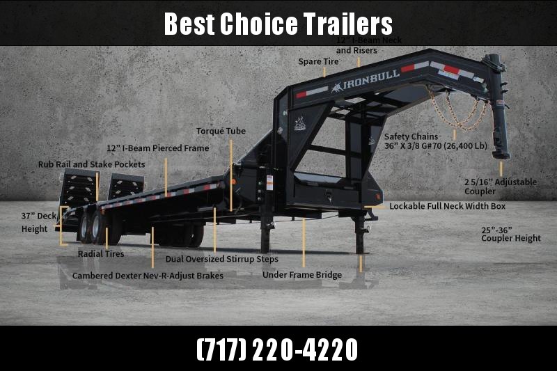 2020 Ironbull 102x24' Gooseneck Beavertail Deckover Trailer 25990# GVW * DEXTER 12K AXLES * FULL WIDTH RAMPS * PIERCED FRAME * SPARE TIRE * UNDER FRAME BRIDGE * RUBRAIL/STAKE POCKETS/PIPE SPOOLS/D-RINGS * DUAL JACKS 2020 Ironbull 102x24' Gooseneck Beavertail Deckover Trailer 25990# GVW * DEXTER 12K AXLES * FULL WIDTH RAMPS * PIERCED FRAME * SPARE TIRE * UNDER FRAME BRIDGE * RUBRAIL/STAKE POCKETS/PIPE SPOOLS/D-RINGS * DUAL JACKS