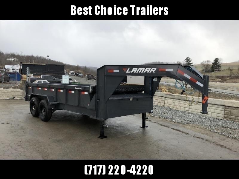 2020 Lamar 7x16' Gooseneck Dump Trailer 14000# GVW * DUAL JACKS * FULL TOOLBOX * OIL BATH * REAR JACKSTANDS * 7GA FLOOR * 14-PLY TIRES * TARP KIT * SCISSOR HOIST * CHARCOAL * RIGID RAILS * NESTLED I-BEAM FRAME 28" H * 3-WAY GATE * 12" O.C. C/M 2020 Lamar 7x16' Gooseneck Dump Trailer 14000# GVW * DUAL JACKS * FULL TOOLBOX * OIL BATH * REAR JACKSTANDS * 7GA FLOOR * 14-PLY TIRES * TARP KIT * SCISSOR HOIST * CHARCOAL * RIGID RAILS * NESTLED I-BEAM FRAME 28" H * 3-WAY GATE * 12" O.C. C/M