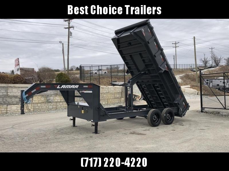 2020 Lamar 7x16' Gooseneck Dump Trailer 16000# GVW * DEXTER 8K AXLE UPGRADE * OVERSIZE 6X21.5 11-TON SCISSOR HOIST * DUAL 12K JACKS * 7GA FLOOR * 17.5" 16-PLY TIRES * JACKSTANDS * TARP KIT * CHARCOAL * RIGID RAILS * NESTLED I-BEAM FRAME 28" H * 12" O.C. C 2020 Lamar 7x16' Gooseneck Dump Trailer 16000# GVW * DEXTER 8K AXLE UPGRADE * OVERSIZE 6X21.5 11-TON SCISSOR HOIST * DUAL 12K JACKS * 7GA FLOOR * 17.5" 16-PLY TIRES * JACKSTANDS * TARP KIT * CHARCOAL * RIGID RAILS * NESTLED I-BEAM FRAME 28" H * 12" O.C. C
