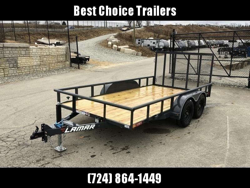 2020 Lamar 7x14' Deluxe Utility Landscape Trailer 7000# GVW * ADJUSTABLE COUPLER * PIPE TOP RAIL * 7K DROP LEG JACK * CHARCOAL * HD GATE/2X2" TUBE C/M + SPRING ASSIST * COLD WEATHER HARNESS * 4" CHANNEL TONGUE * STAKE POCKETS * TEARDROP FENDERS * BULLET L 2020 Lamar 7x14' Deluxe Utility Landscape Trailer 7000# GVW * ADJUSTABLE COUPLER * PIPE TOP RAIL * 7K DROP LEG JACK * CHARCOAL * HD GATE/2X2" TUBE C/M + SPRING ASSIST * COLD WEATHER HARNESS * 4" CHANNEL TONGUE * STAKE POCKETS * TEARDROP FENDERS * BULLET L