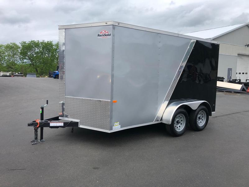 ROCK SOLID 2020 7' x 12' SILVER FRONT WITH BLACK BACK SEMI-SCREWLESS TANDEM AXLE V-NOSE ENCLOSED TRAILER ROCK SOLID 2020 7' x 12' SILVER FRONT WITH BLACK BACK SEMI-SCREWLESS TANDEM AXLE V-NOSE ENCLOSED TRAILER