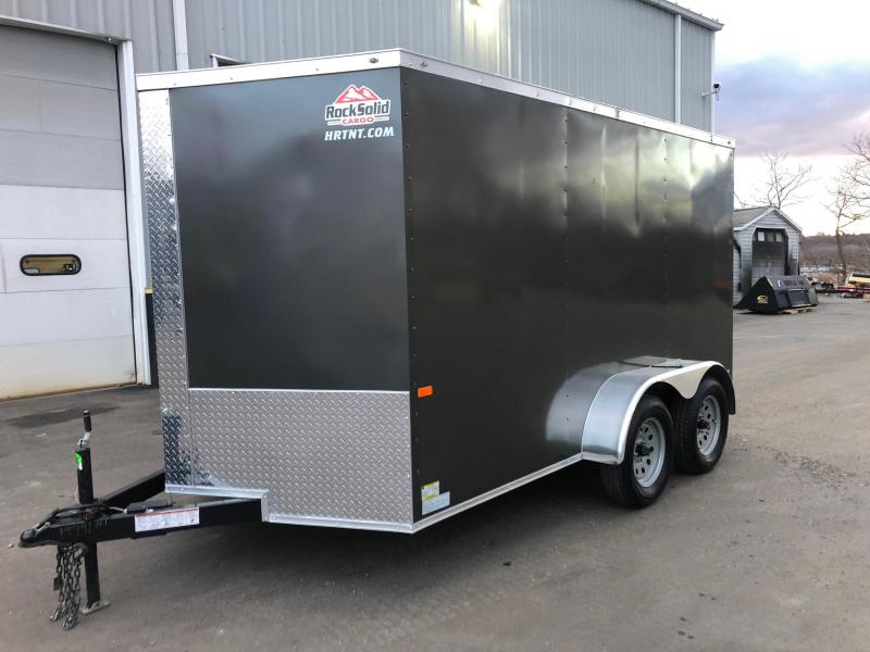 ROCK SOLID 2020 7' x 12' TANDEM AXLE CHARCOAL SEMI-SCREWLESS V-NOSE ENCLOSED TRAILER ROCK SOLID 2020 7' x 12' TANDEM AXLE CHARCOAL SEMI-SCREWLESS V-NOSE ENCLOSED TRAILER